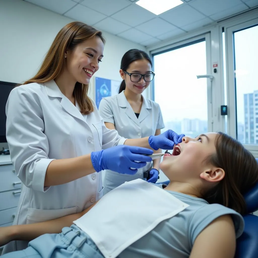 A dentist examining a patient's teeth in a modern dental clinic in Hanoi