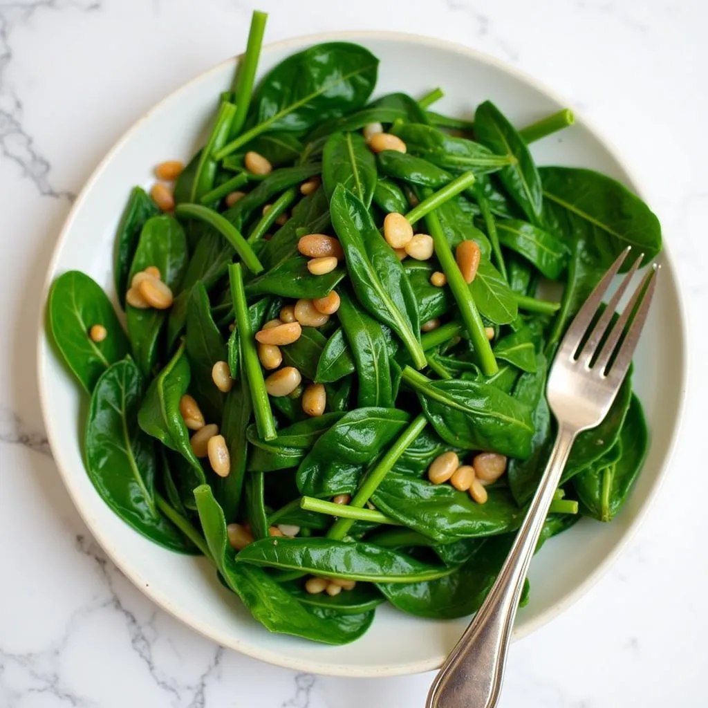 A plate of rau muong xao toi