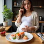 Pregnant woman avoiding raw seafood