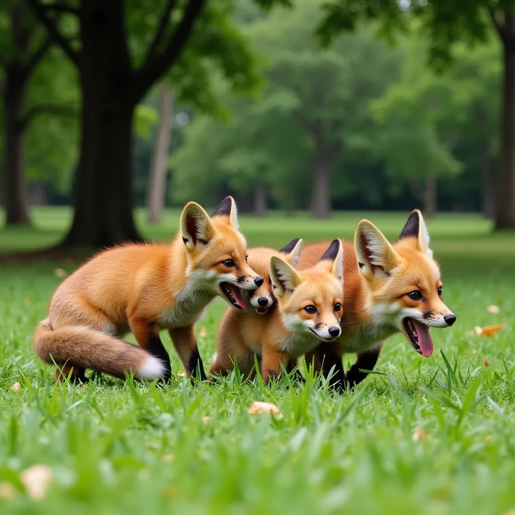 Red fox family in a Hanoi park