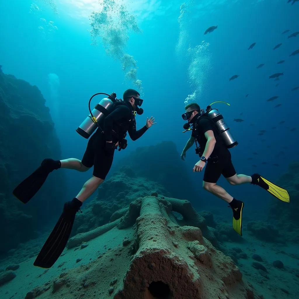 Scuba Divers Exploring a Shipwreck in the Red Sea