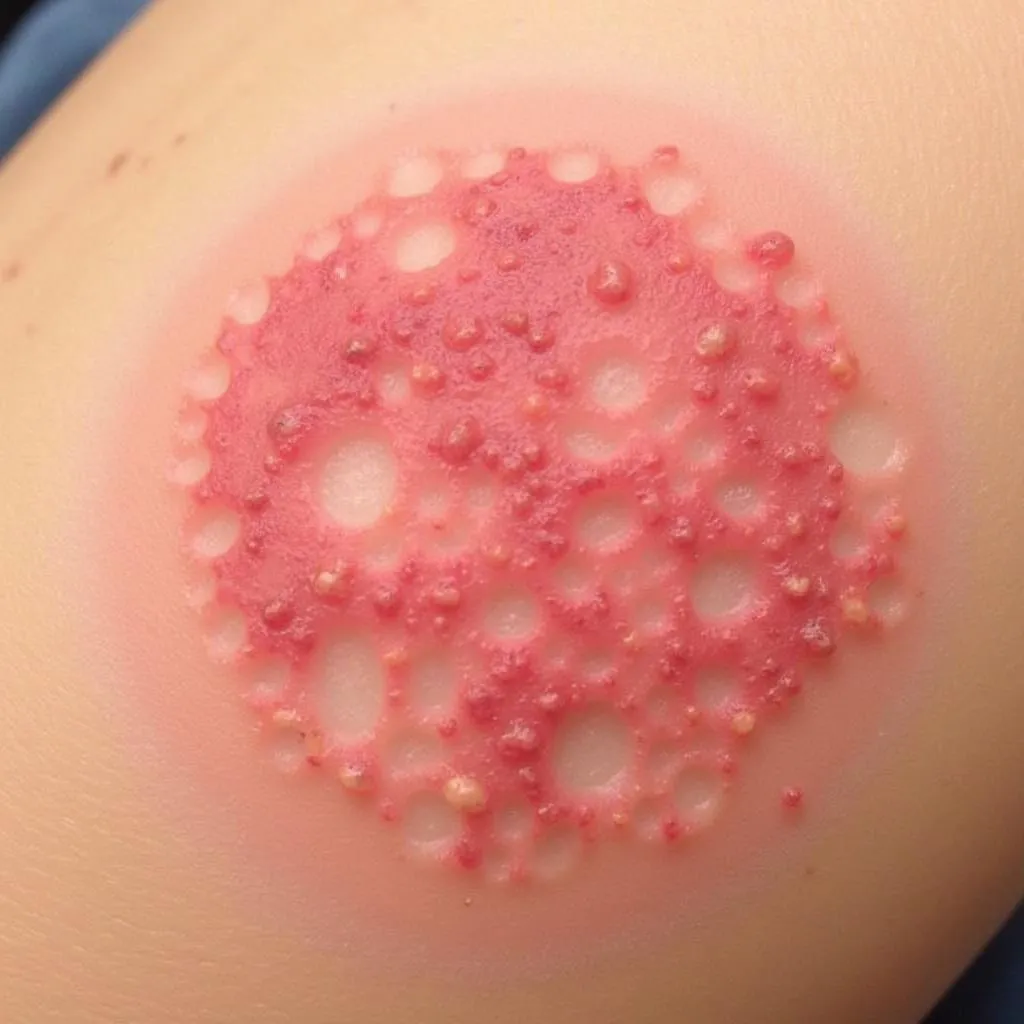 Close-up of a red, itchy ringworm rash on skin