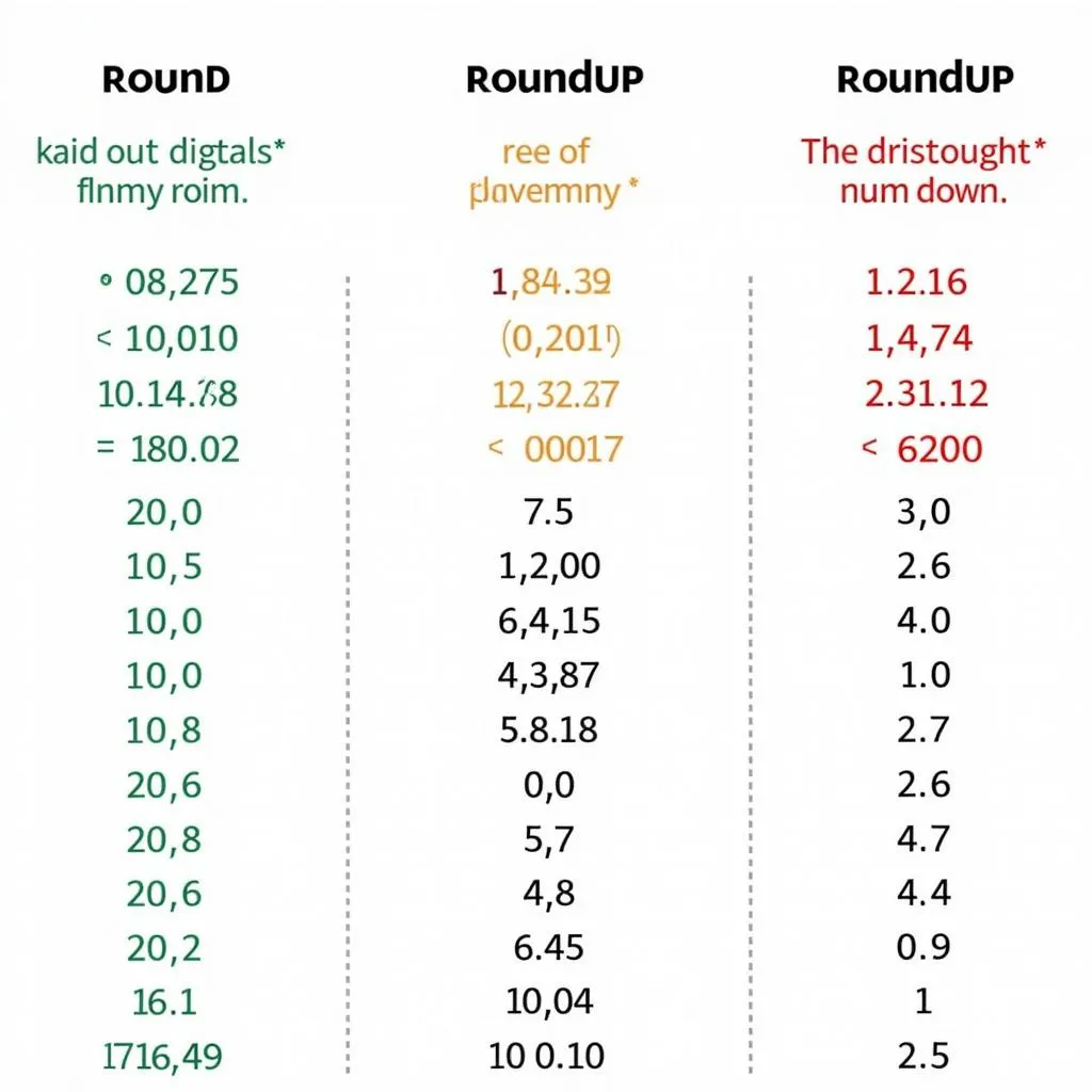 Excel spreadsheet illustrating the differences between ROUND, ROUNDUP, and ROUNDDOWN functions.