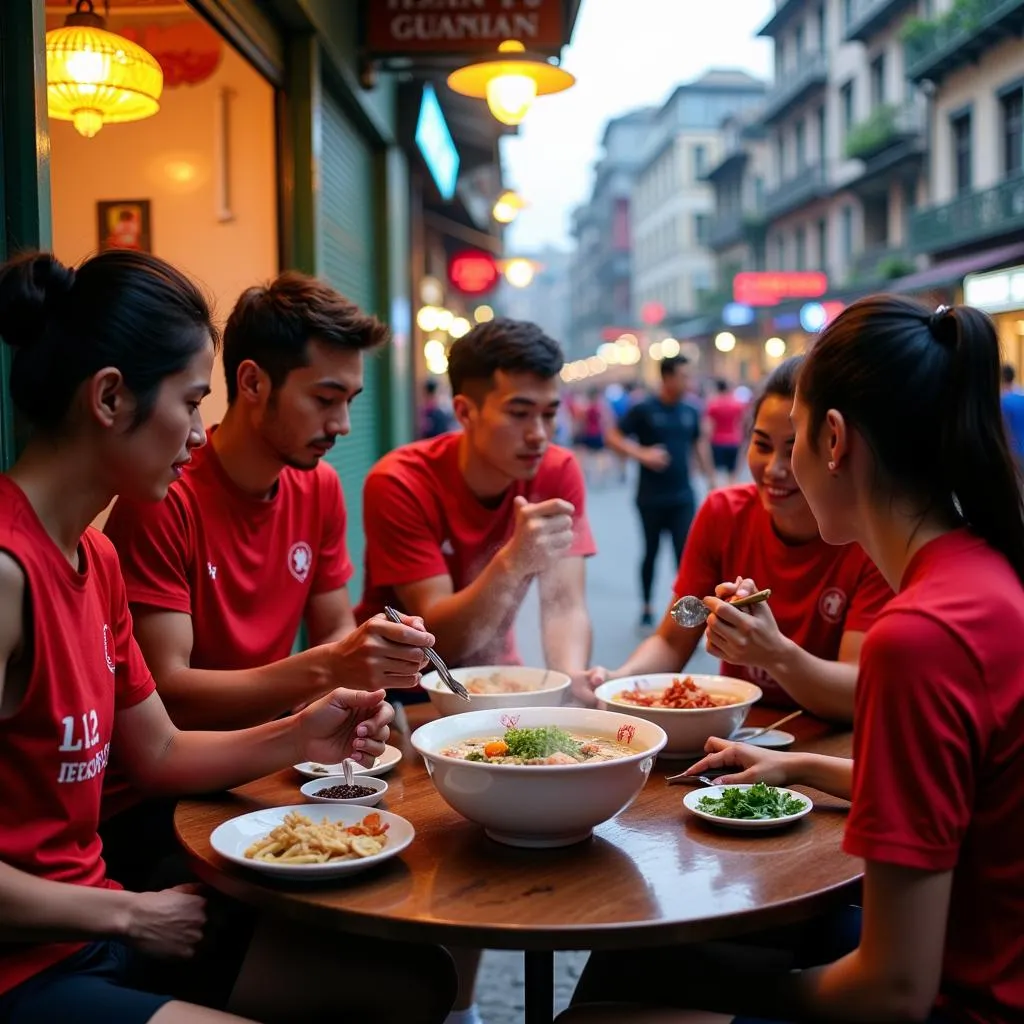 Group of runners enjoying a pre-run bowl of Pho Ga in Hanoi's Old Quarter