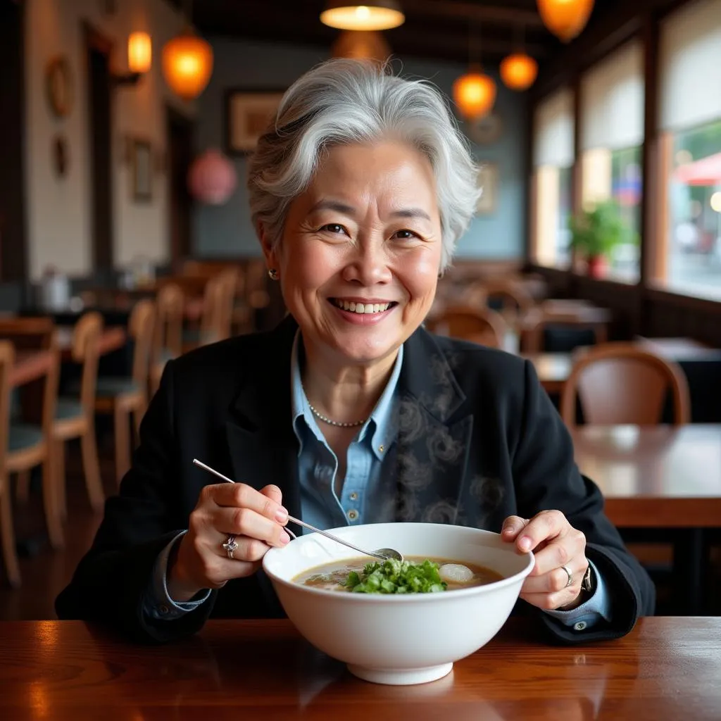 Senior Woman Enjoying a Bowl of Pho Ga