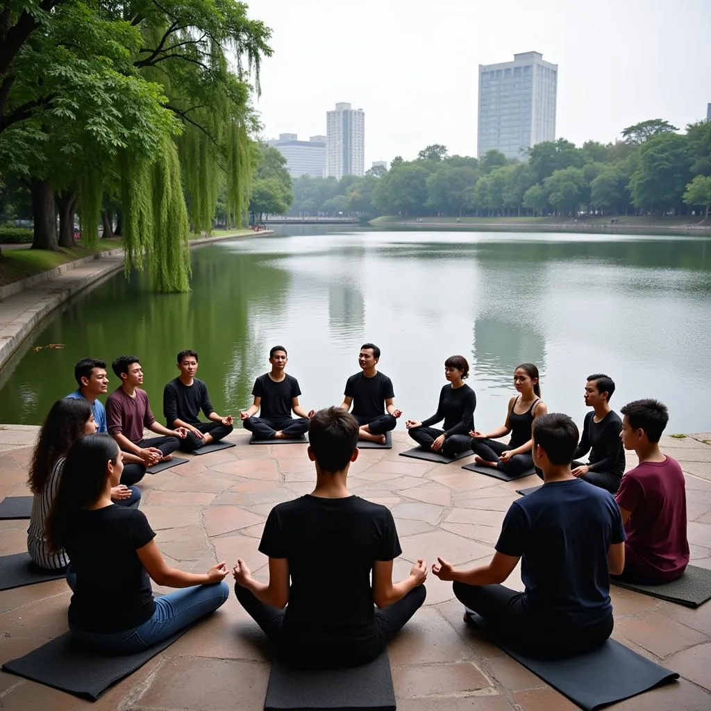 Serene meditation session by Hoan Kiem Lake