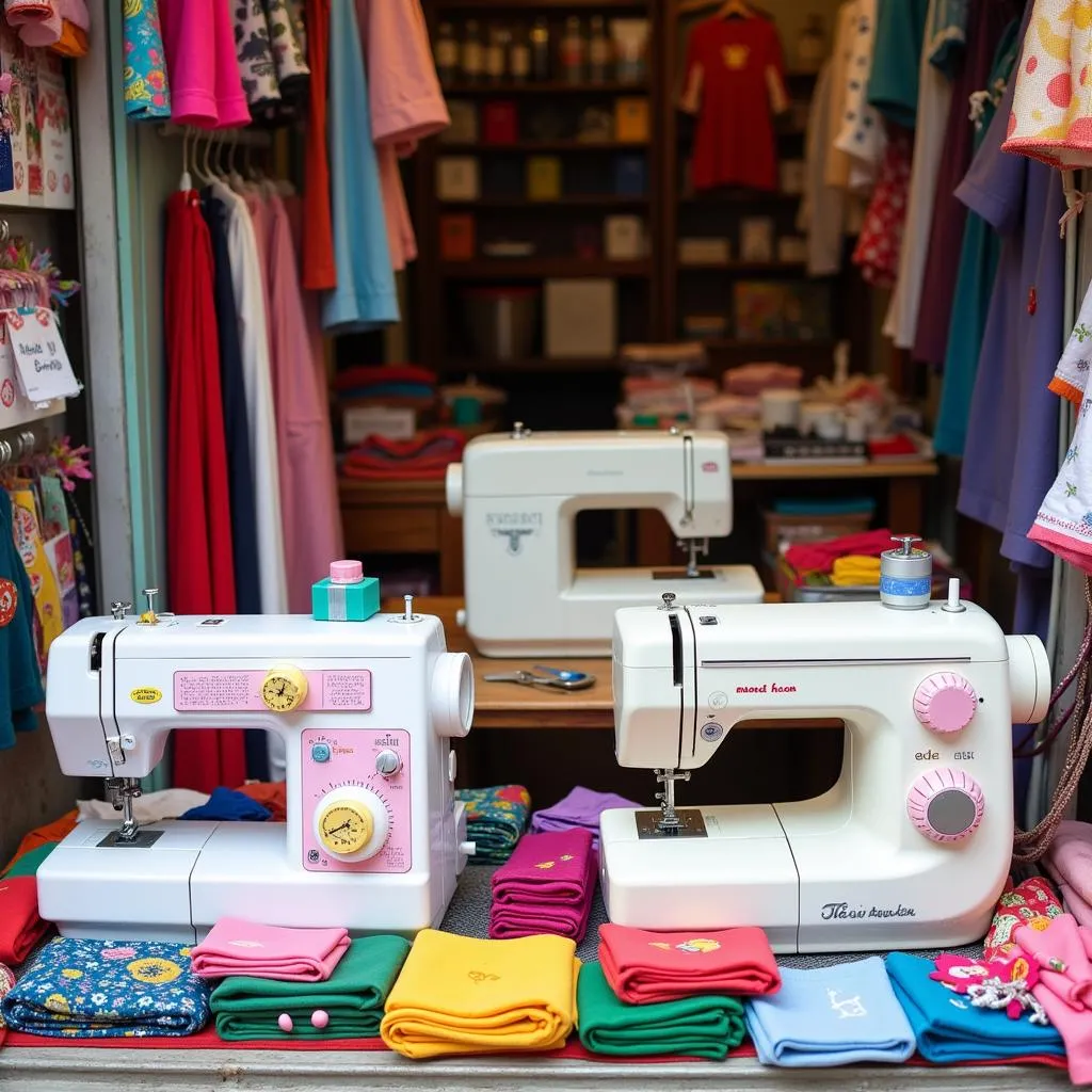 Sewing machines displayed in a shop window