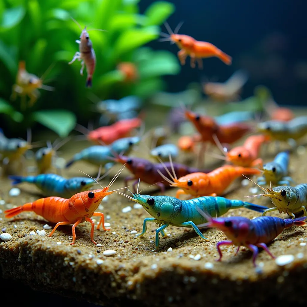 Shrimp swimming in an aquarium