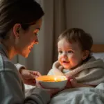 Sick child eating soup