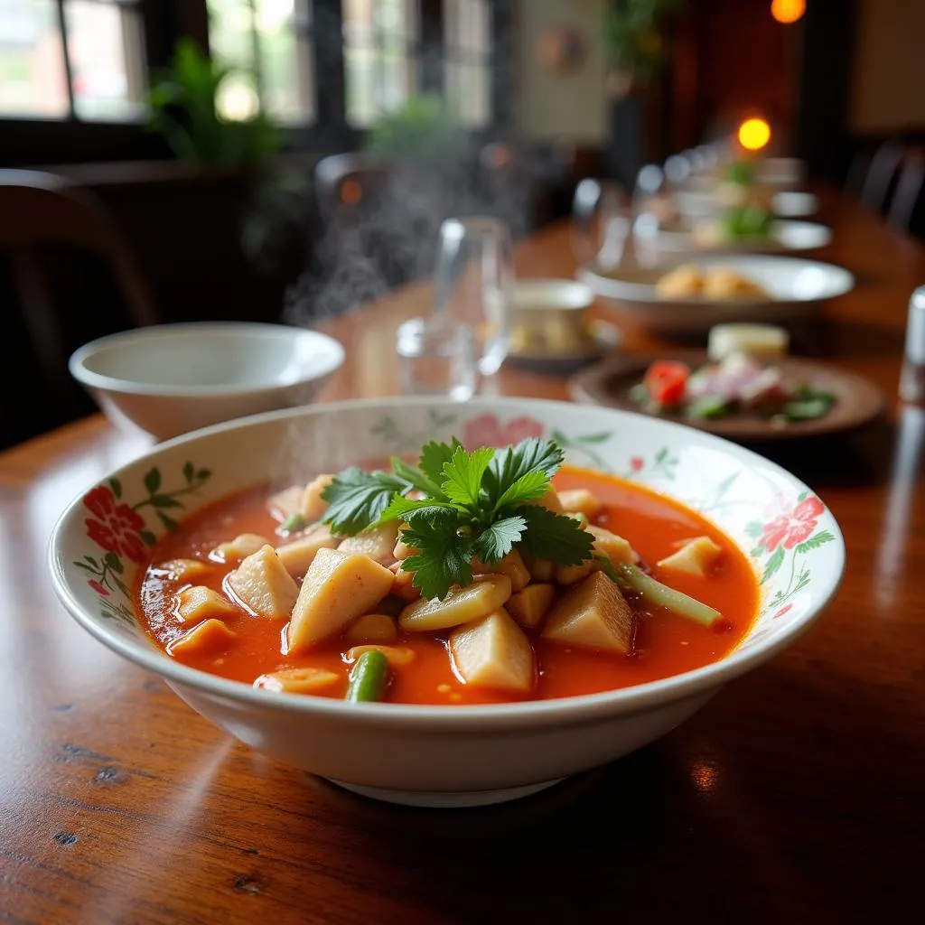 Sour fish soup with a tomato-based broth served in a Hanoi restaurant