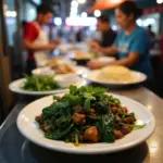 Hanoi street food stall serving stir-fried beef with water spinach