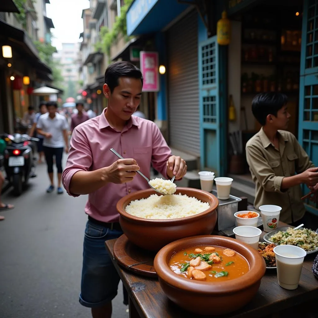 A street vendor in Hanoi expertly pours a glass of refreshing nuoc me.