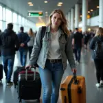 Stressed traveler struggling with luggage