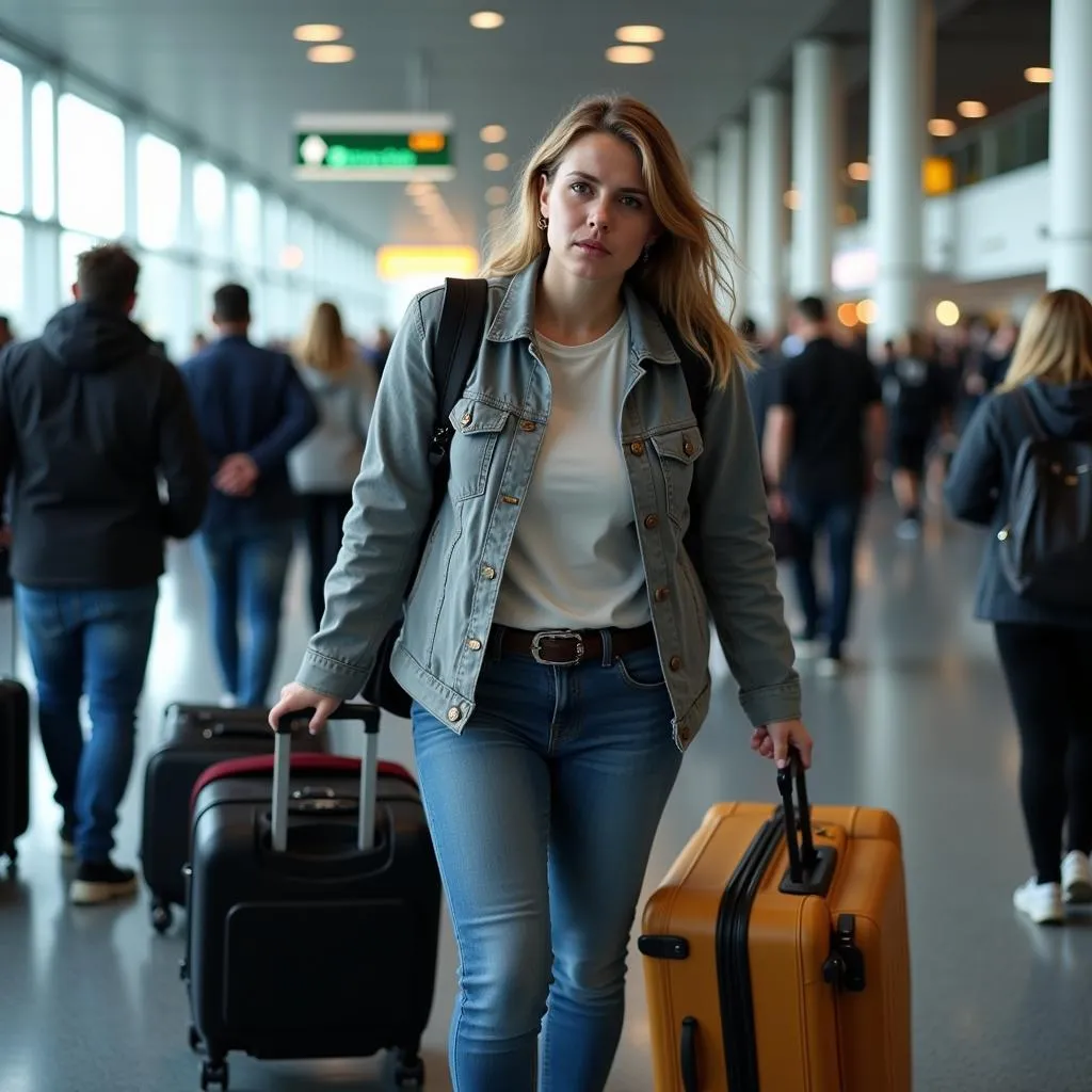 Stressed traveler struggling with luggage