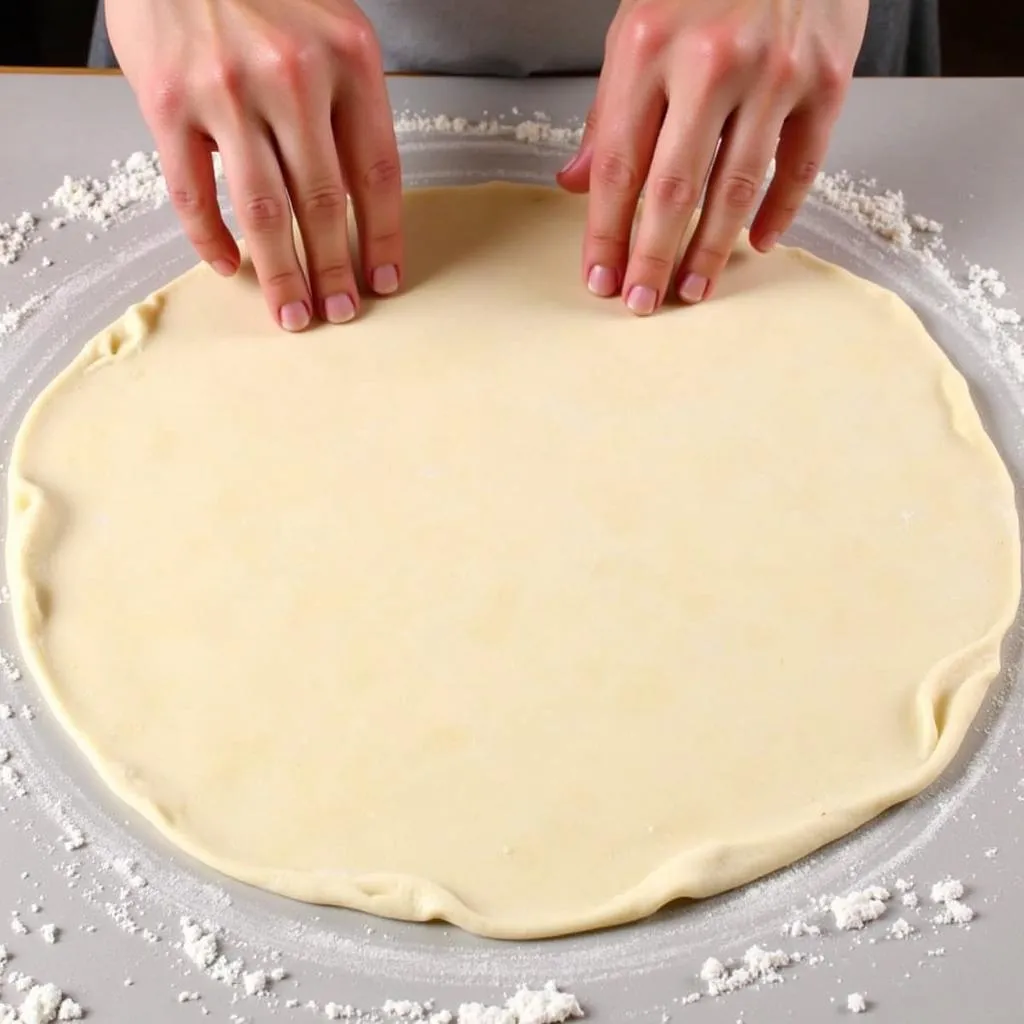 Stretching pizza dough into a circle