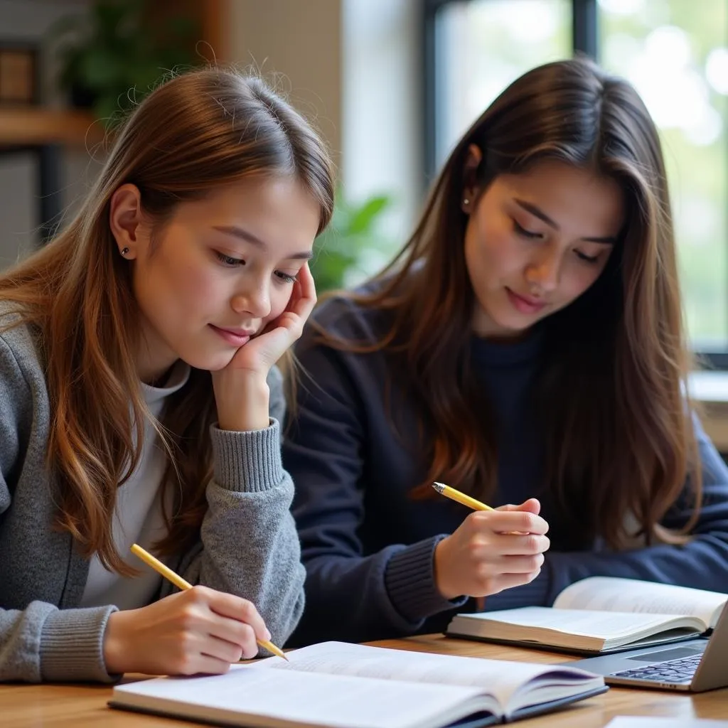 Students collaborating on university major research