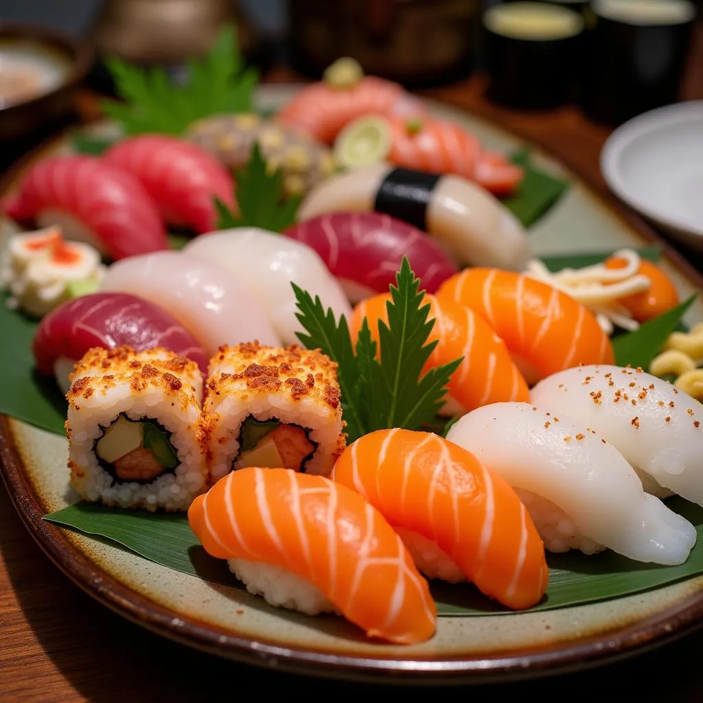 A colorful sushi platter served in a Hanoi restaurant