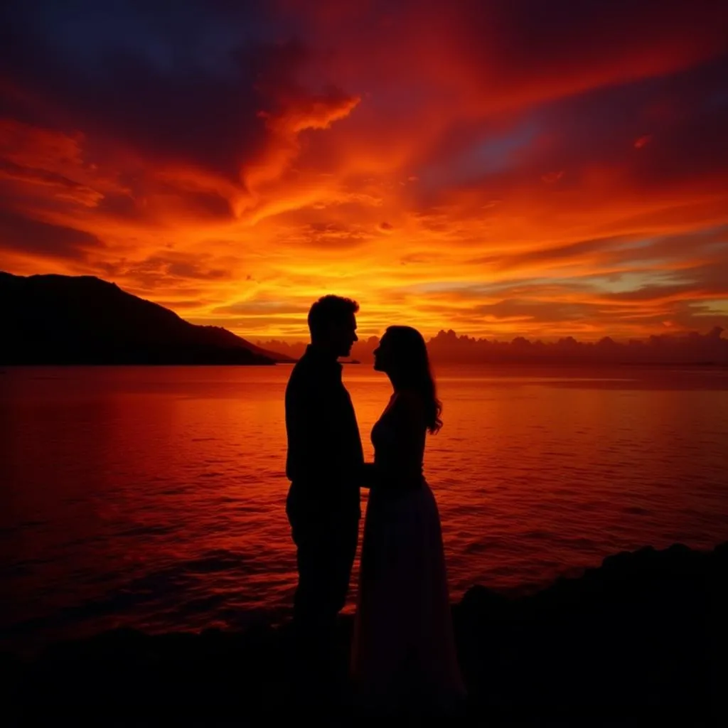 Couple Enjoying Sunset in Tahiti