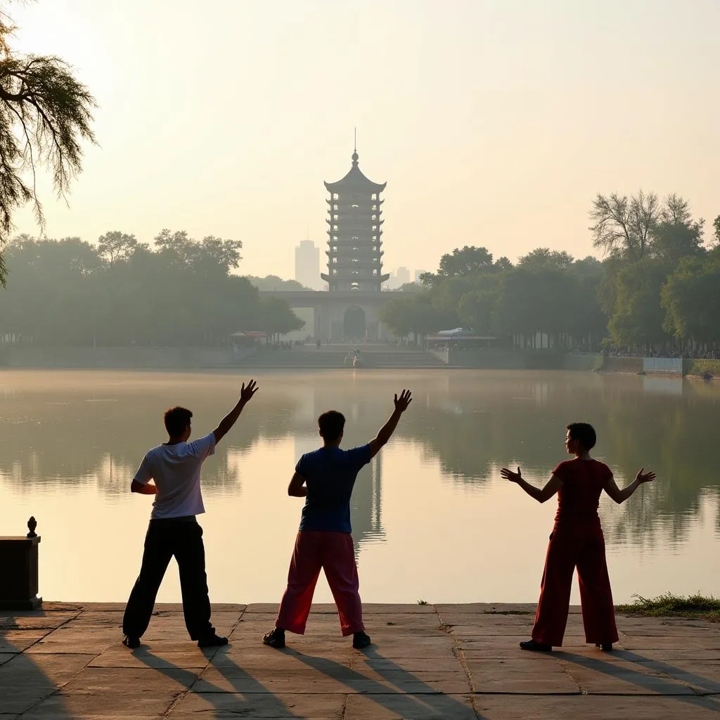 Morning Tai Chi Practice by Hoan Kiem Lake