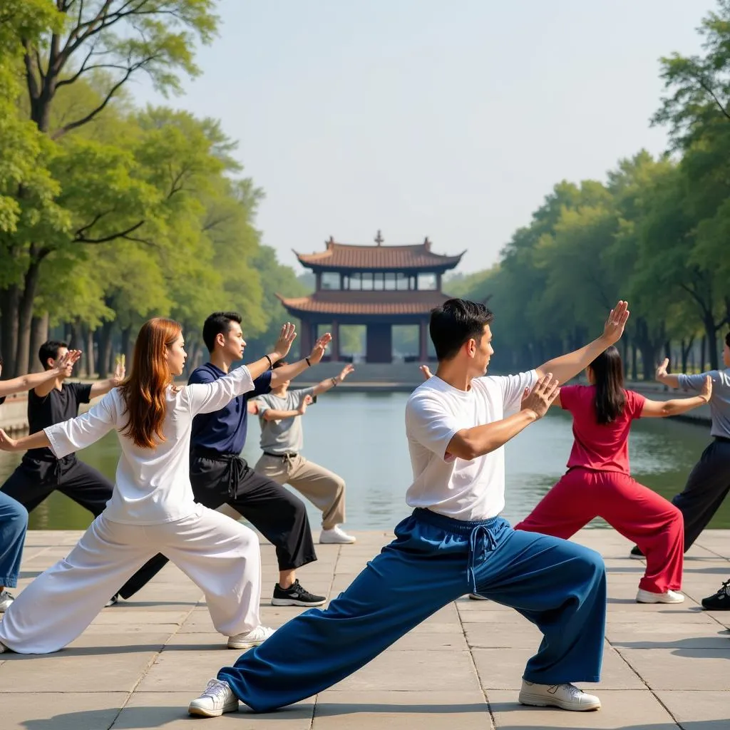 People practicing Taichi by Hoan Kiem Lake