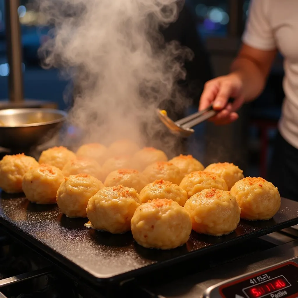 Takoyaki being cooked on a hot plate