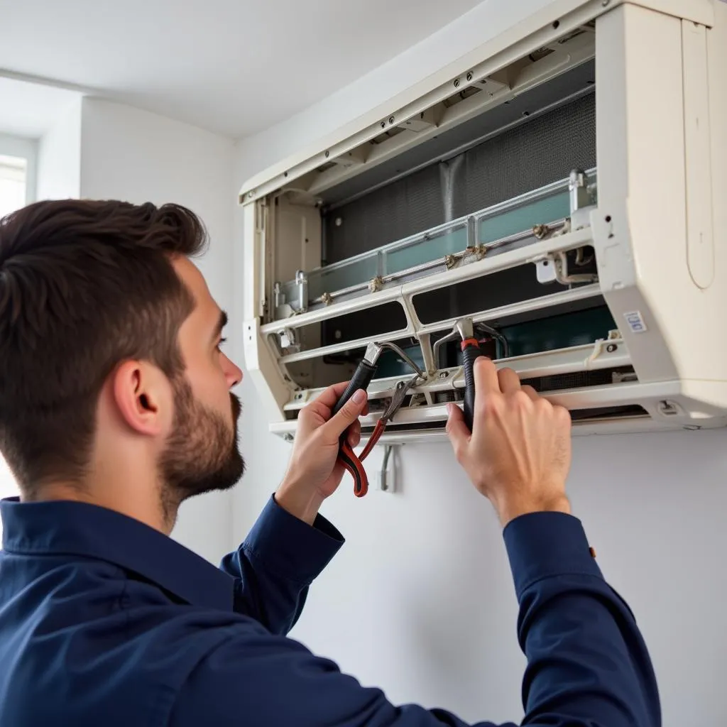 Technician inspecting a Midea air conditioner unit