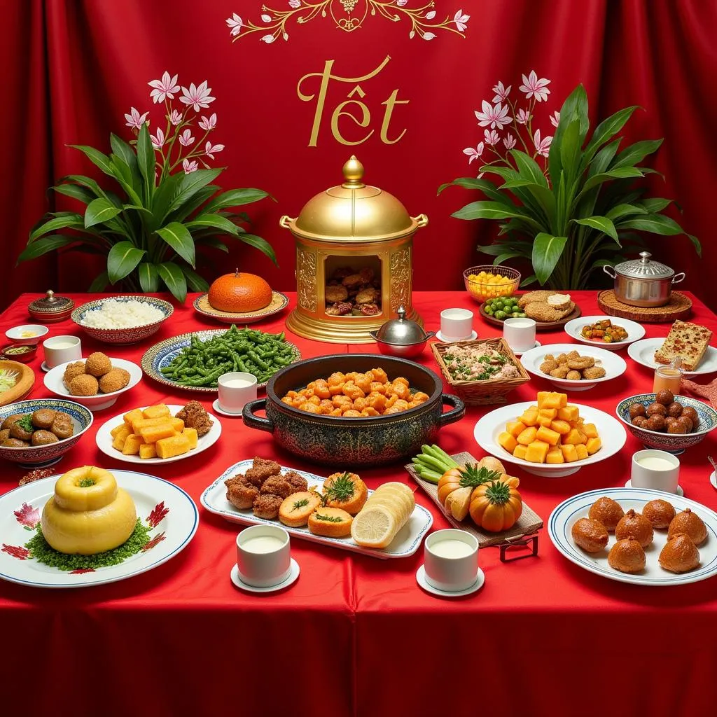 A colorful spread of Tet dishes