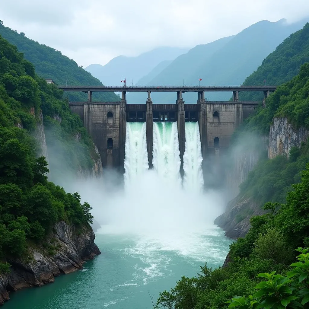 Panoramic view of Thac Mo Hydropower Plant's dam with water cascading over it.