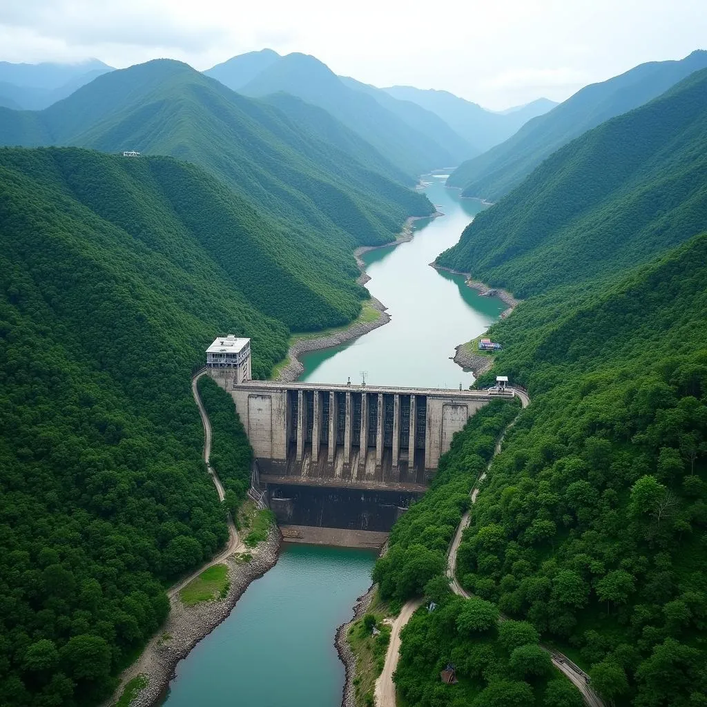 Aerial view of Thac Mo Hydropower Plant nestled in the lush greenery of Binh Phuoc province.