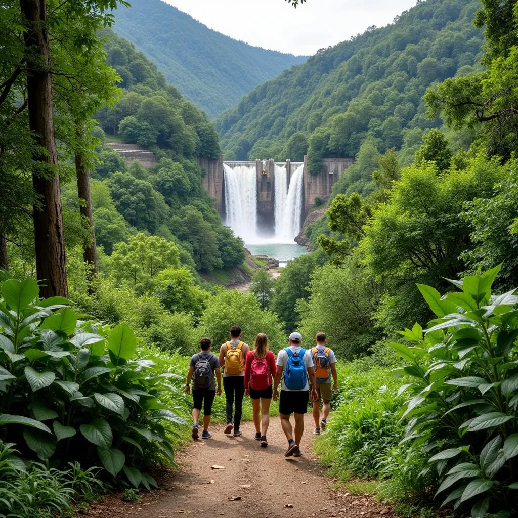 Tourists exploring the lush forest trails near Thac Mo Hydropower Plant.