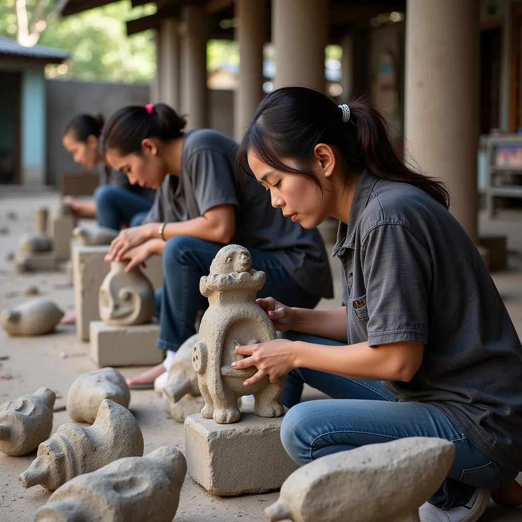 Skilled artisans crafting stone sculptures in Thach That