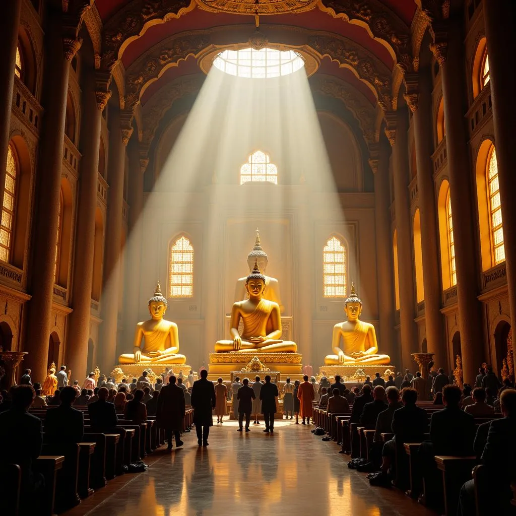 Inside the main hall of the Three Golden Buddhas Temple