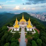 Aerial view of the Three Golden Buddhas Temple complex in Uong Bi City