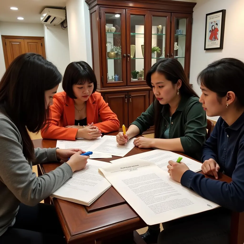 Tourist guides in Hanoi discussing itinerary