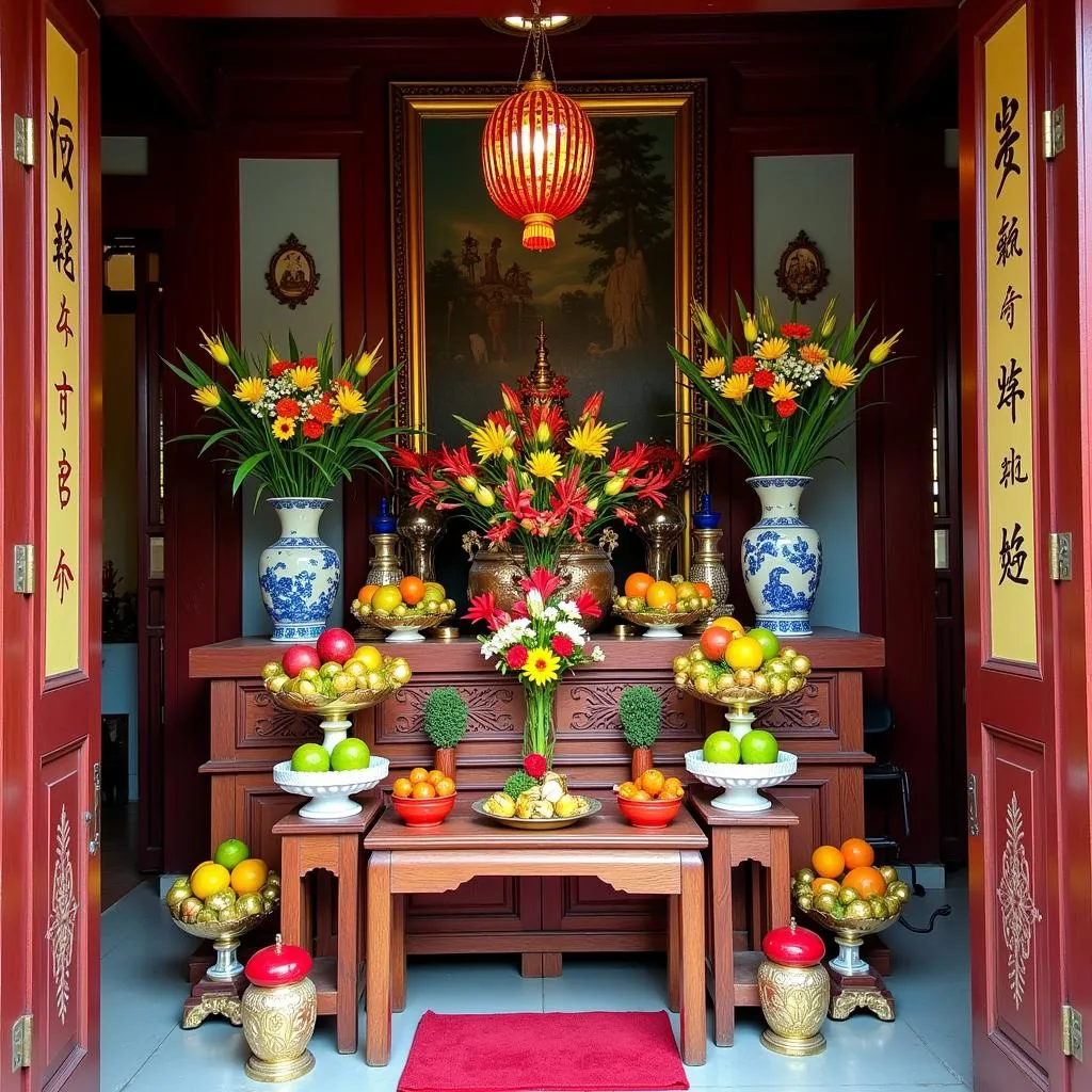 Offerings placed at the altar of a traditional Vietnamese house.