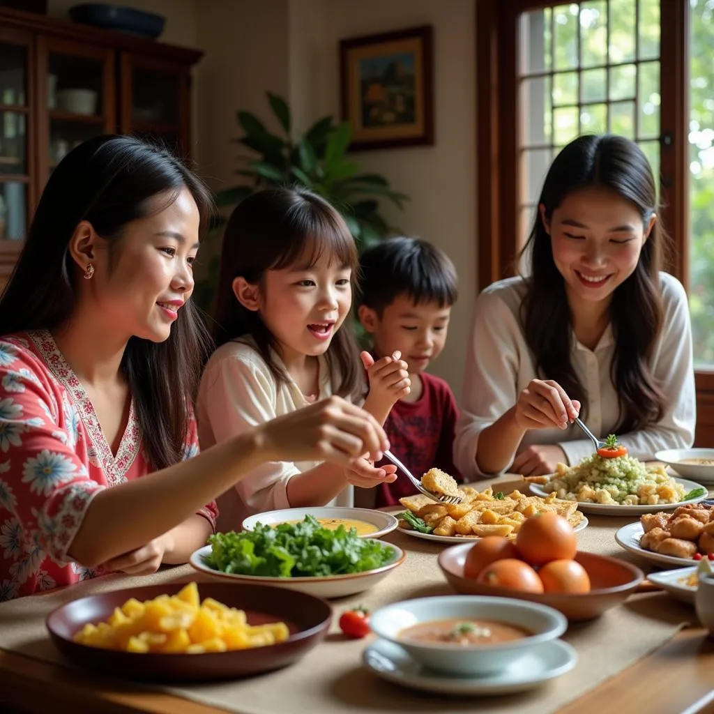 Traditional Vietnamese meal with family