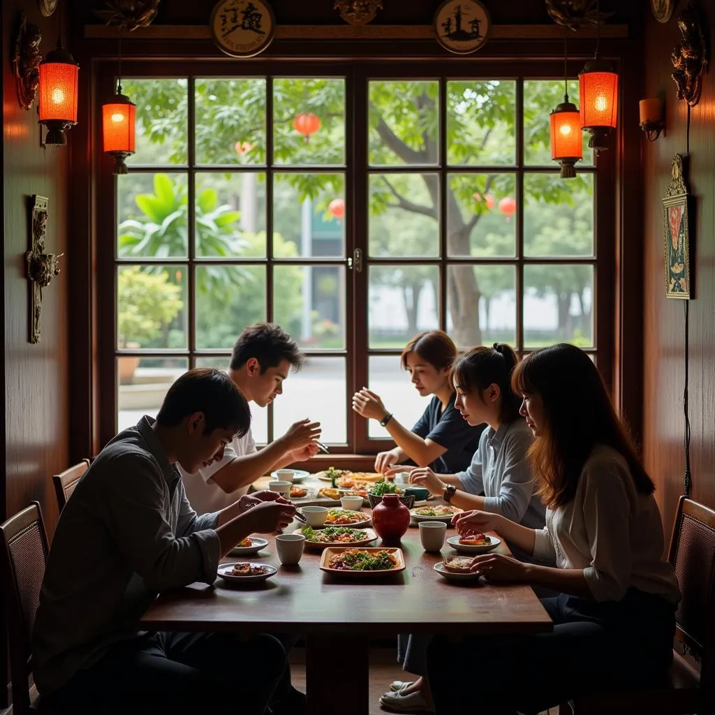 Enjoying a mindful meal at a traditional Vietnamese teahouse.