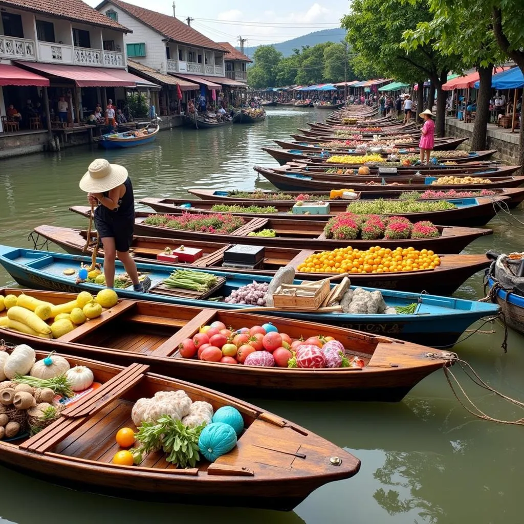 Traditional wooden boats at Phong Dien Floating Market