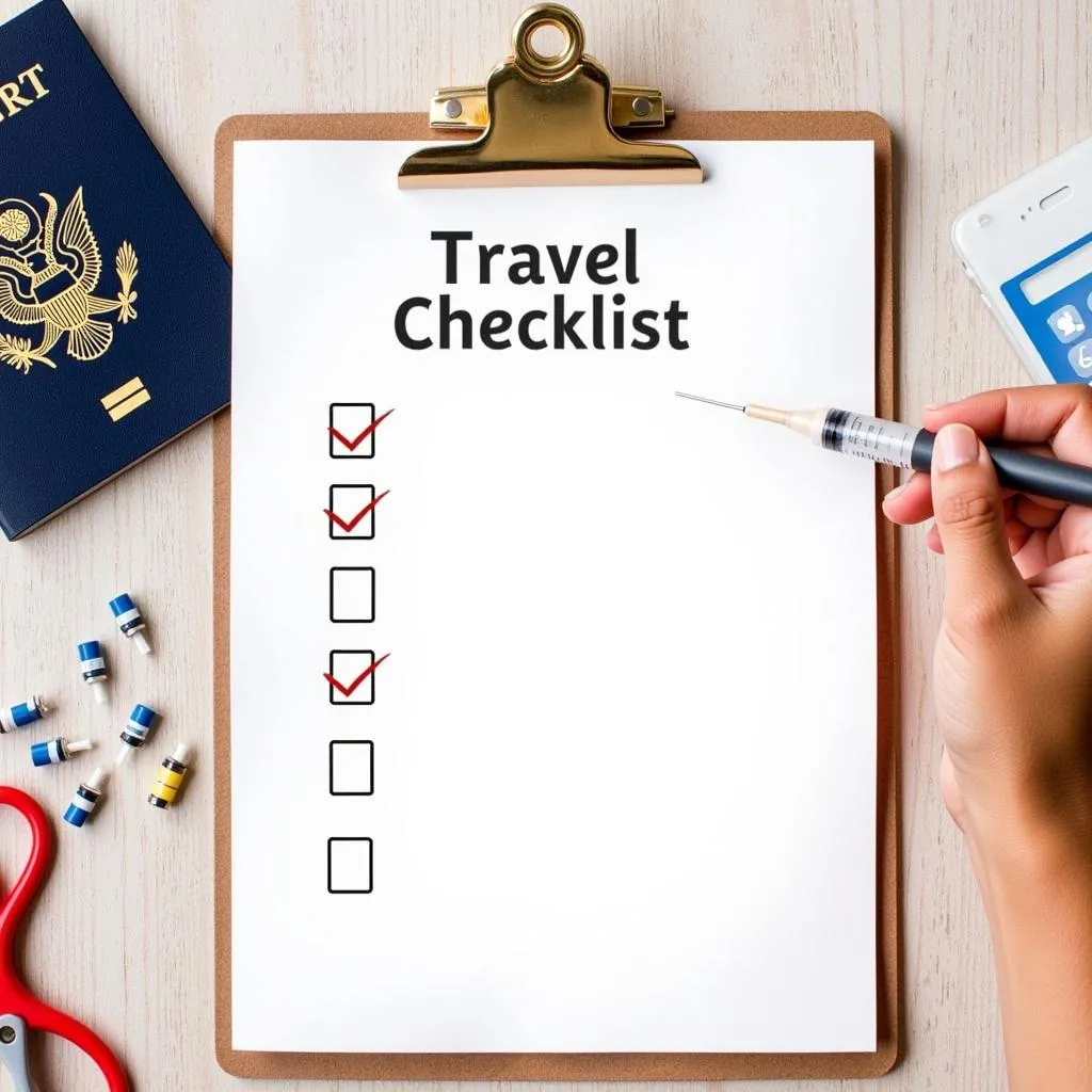 Travel health checklist with passport and syringe