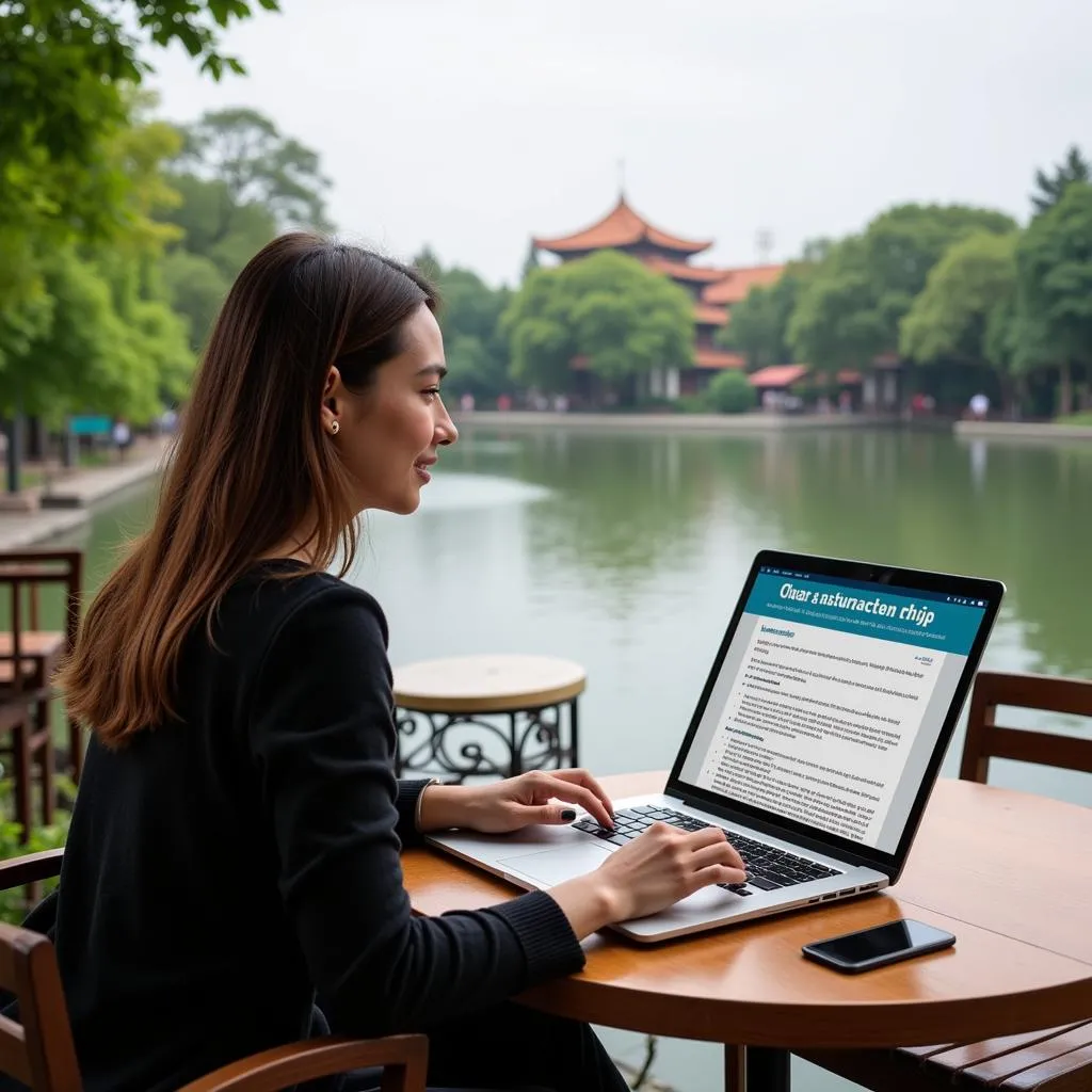 A travel insurance policy displayed on a laptop, with a backdrop of Hanoi's iconic Hoan Kiem Lake.