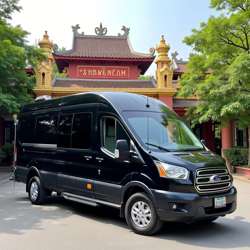 TRAVELCAR's 16-seater van parked near a Hanoi temple