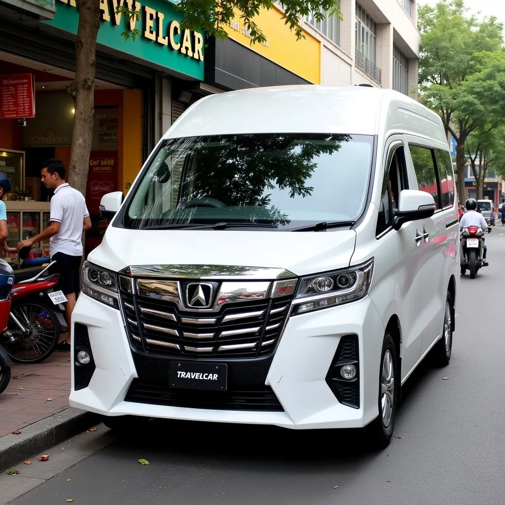 TRAVELCAR's 16-seater van parked in a vibrant street in Binh Thanh District.