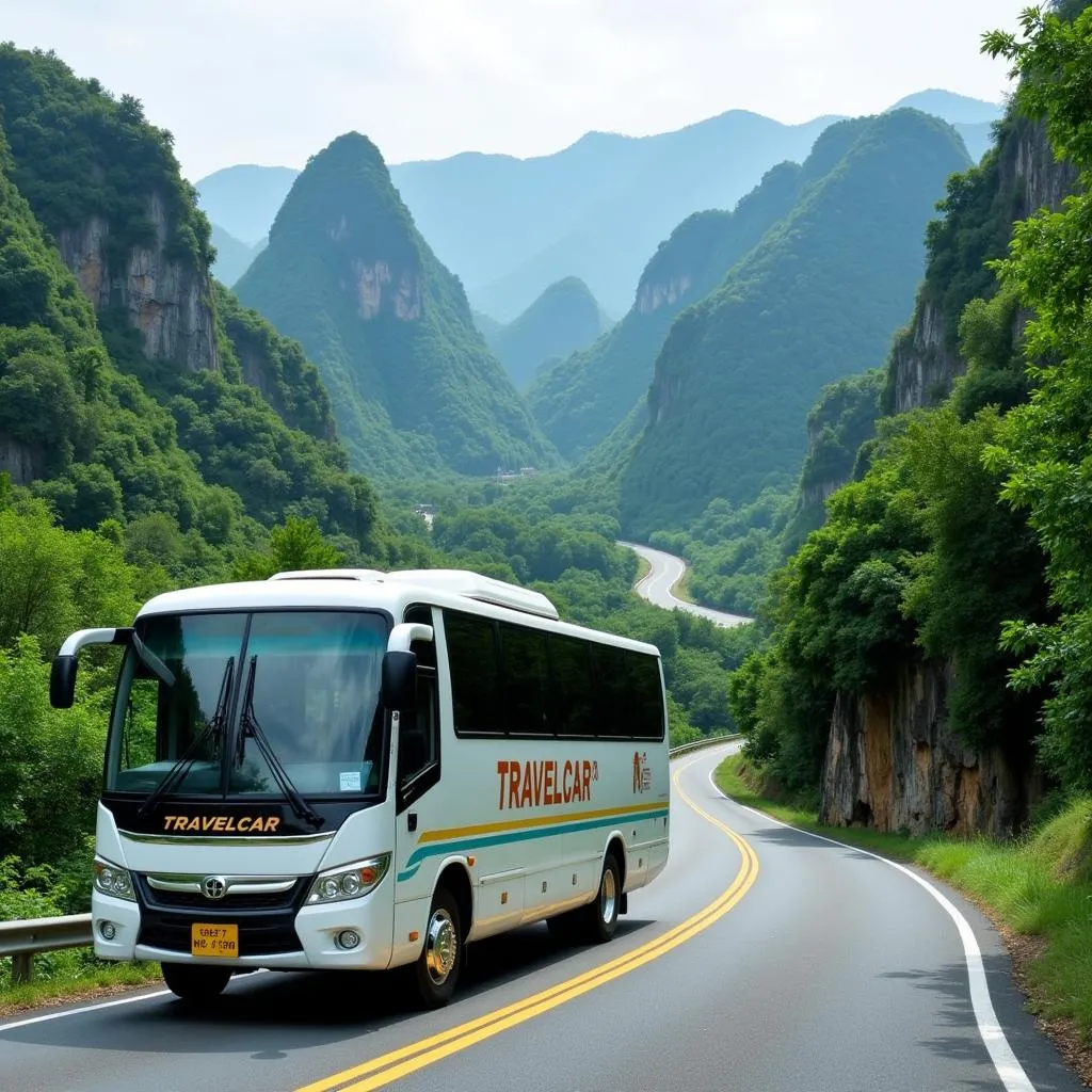 TRAVELCAR bus on a winding road in Phong Nha Ke Bang