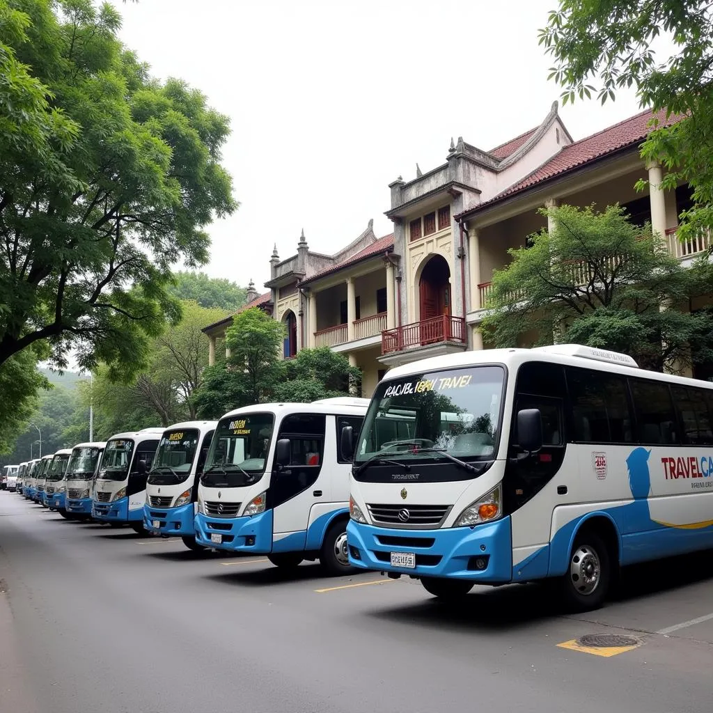 A fleet of modern tourist buses parked on a picturesque street in Hanoi