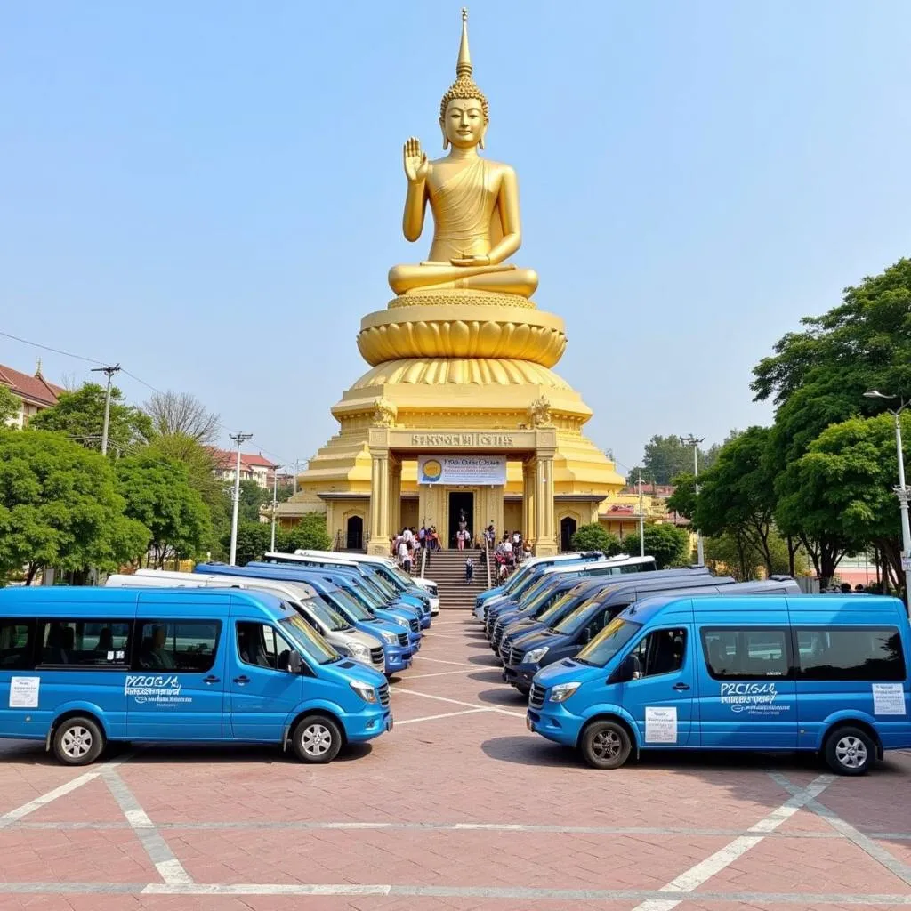 TRAVELCAR's fleet of vehicles parked near the Three Golden Buddhas Temple entrance