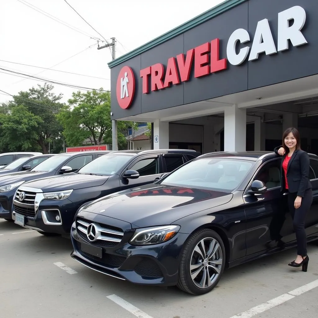 A diverse fleet of rental cars parked in front of TRAVELCAR's office in Hanoi, ready to take travelers on their Hanoi adventures.