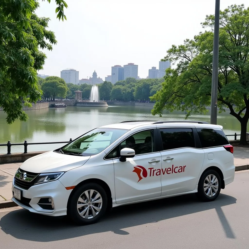 A Travelcar vehicle parked in front of a famous landmark in Hanoi