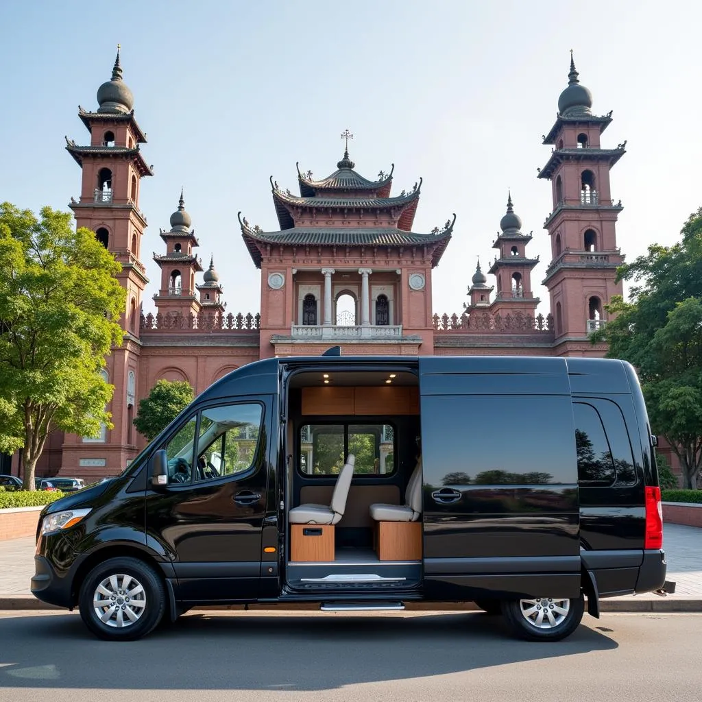 A comfortable TRAVELCAR van parked in front of a scenic Hanoi landmark