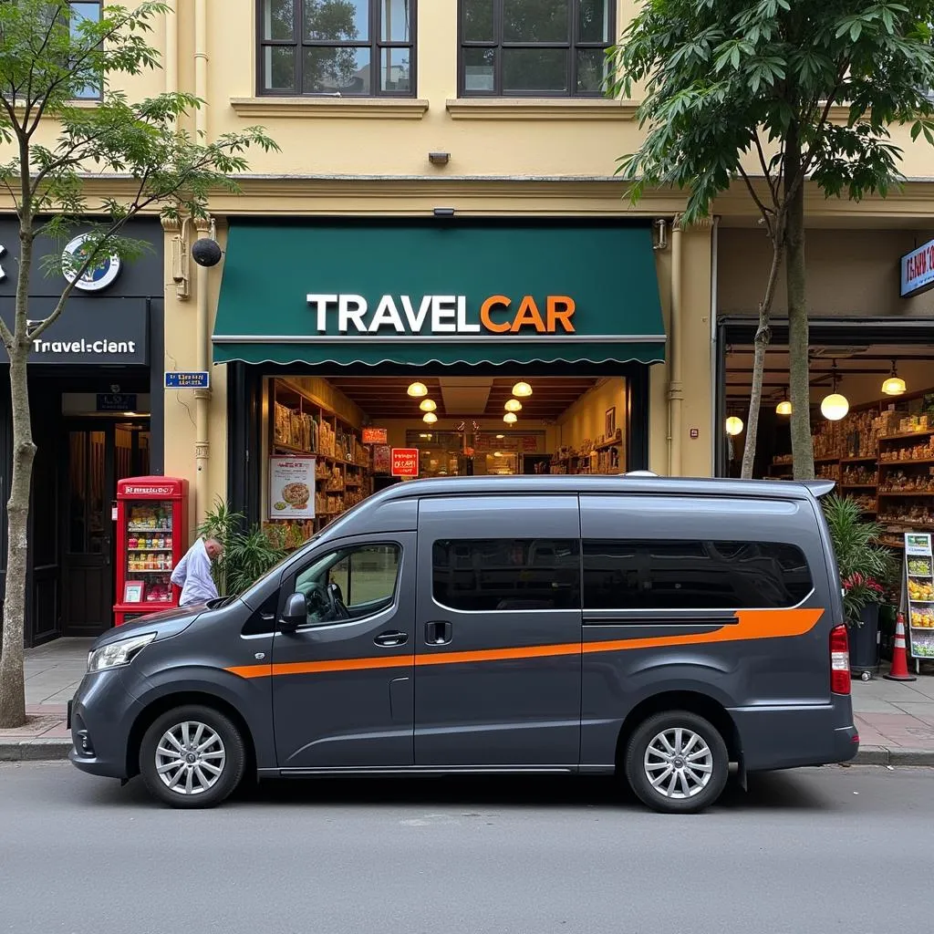 TRAVELCAR van in front of a Hanoi grocery store