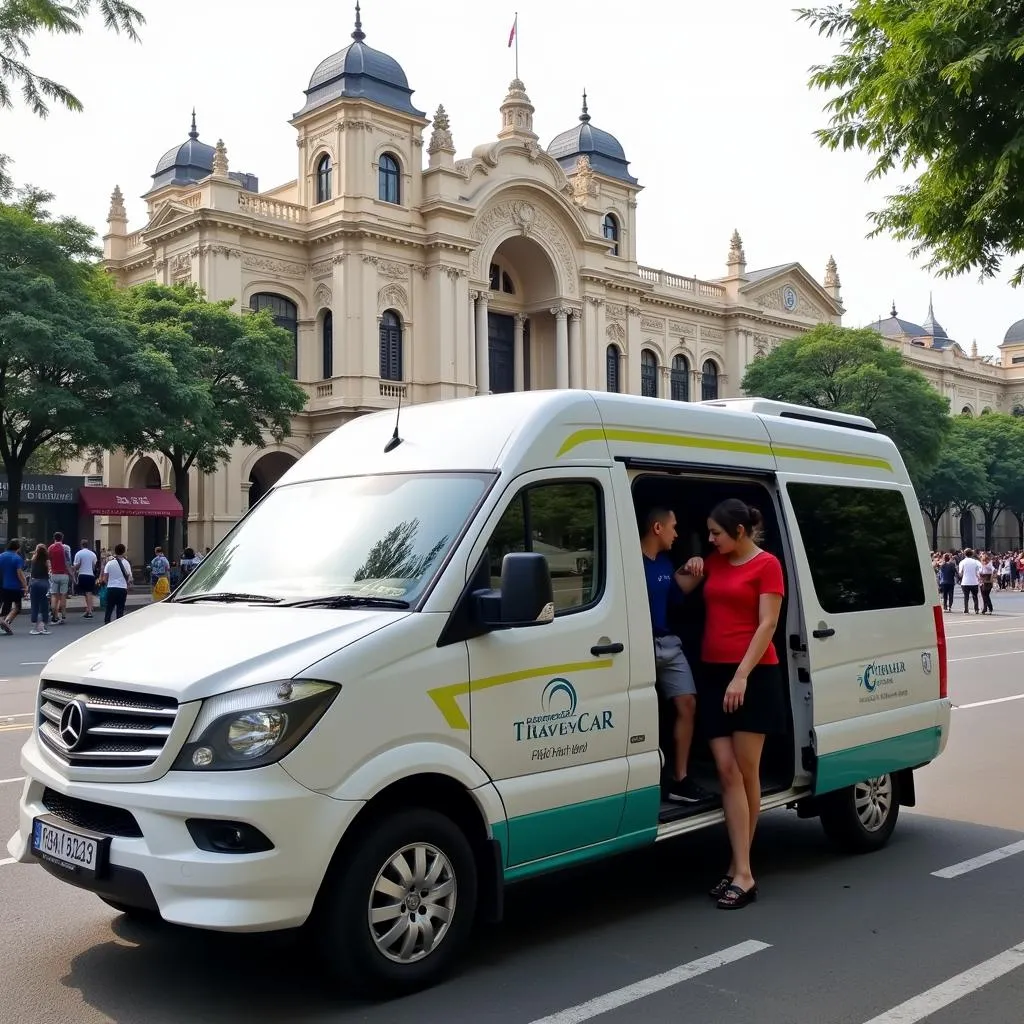 A TRAVELCAR van parked in front of a Hanoi landmark